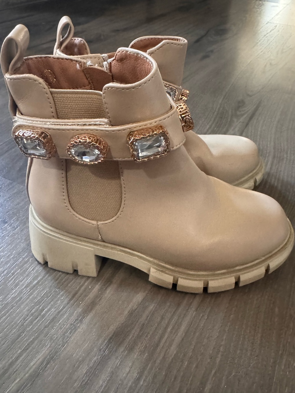 Jeweled Strap Chunky Ankle Boots - Beige